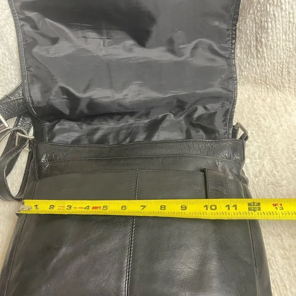 Latico Classic Black Leather Messenger Bag silver tone hardwares.